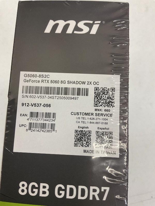 Photo 1 of MSI Gaming RTX 5060 8G Shadow 2X OC Graphics Card (8GB GDDR7,128-bit, Extreme Performance: 2535 MHz, DisplayPort x3 2.1a, HDMI 2.1b, NVIDIA Blackwell Architecture)