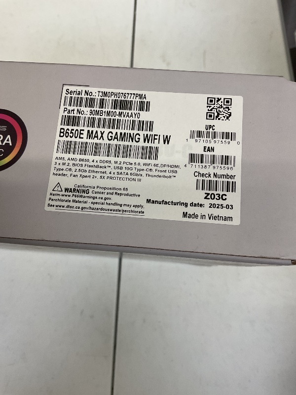 Photo 1 of ASUS B650E MAX Gaming WiFi W – AMD B650 AM5 ATX Motherboard, White PCB, DDR5, PCIe 5.0, 3X M.2, Wi-Fi 6E, 2.5Gb LAN, USB 10Gbps Type-C, DisplayPort, HDMI™, BIOS Flashback™, Aura Sync, Advanced AI PC