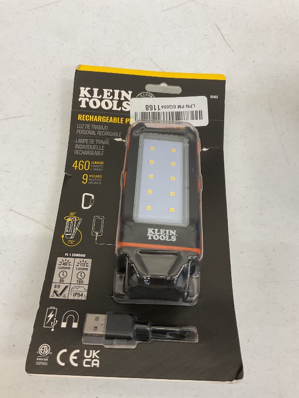 Photo 1 of Klein Tools 56403 LED Light, Rechargeable Flashlight / Worklight with Kickstand, Magnetic Mount, and Carabiner, Charges Small Electronics, for Work, Camping