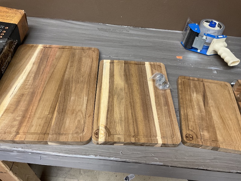 Photo 1 of Pre-Oiled, Non Toxic 3-Piece Acacia Cutting Board Set with Stand, FSC Certified Wooden Chopping Boards with Juice Grooves for Meat. 3 Size Wood Carving Boards for Home & BBQ Kitchens by Deer & Oak