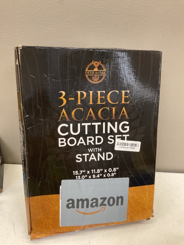 Photo 1 of Pre-Oiled, Non Toxic 3-Piece Acacia Cutting Board Set with Stand, FSC Certified Wooden Chopping Boards with Juice Grooves for Meat. 3 Size Wood Carving Boards for Home & BBQ Kitchens by Deer & Oak