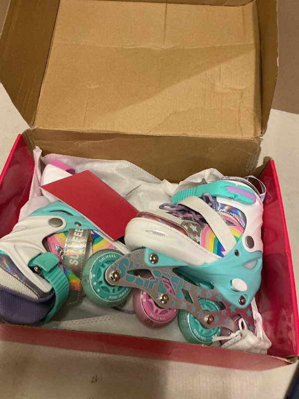 Photo 1 of SULIFEEL Rainbow Unicorn Inline Skates for Girls Boys 4 Size Adjustable Light up Wheels Skates for Kids Beginner Small