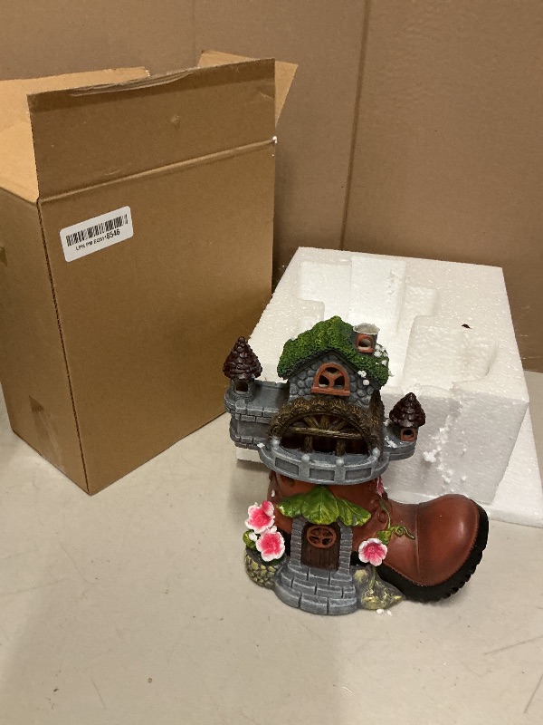 Photo 1 of FORUP 10 Inch Fairy House Garden Statues with Boots, Fairy Garden Decor House Kit, Solar Powered Lights Garden Figurine for Outdoor Patio Lawn Yard Garden Decorations
