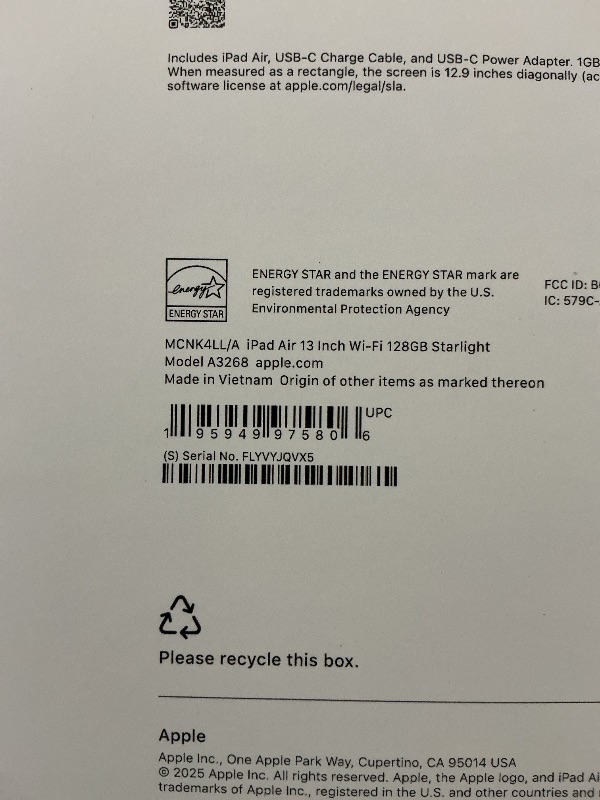 Photo 1 of Apple iPad Air 13-inch with M3 chip Built for Apple Intelligence, Liquid Retina Display, 128GB, 12MP Front/Back Camera, Wi-Fi 6E, Touch ID, All-Day Battery Life — Starlight