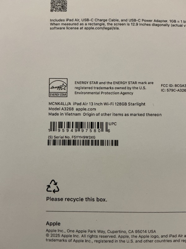 Photo 1 of Apple iPad Air 13-inch with M3 chip Built for Apple Intelligence, Liquid Retina Display, 128GB, 12MP Front/Back Camera, Wi-Fi 6E, Touch ID, All-Day Battery Life — Starlight