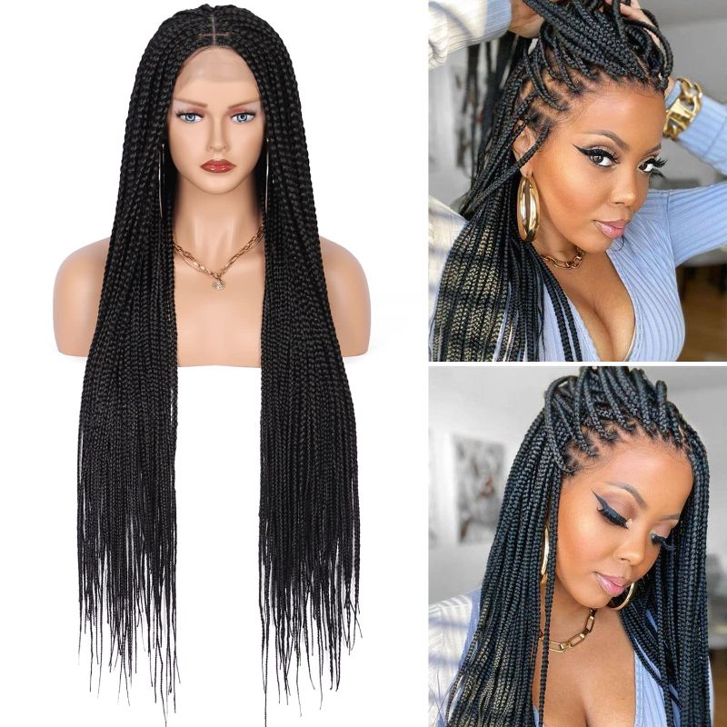 Photo 1 of Knotless Braided Wigs Lace Front Box Braids Lace Frontal Wig for Women Premium Synthetic Black Hand Full double lace Braid Wig With Baby Hair