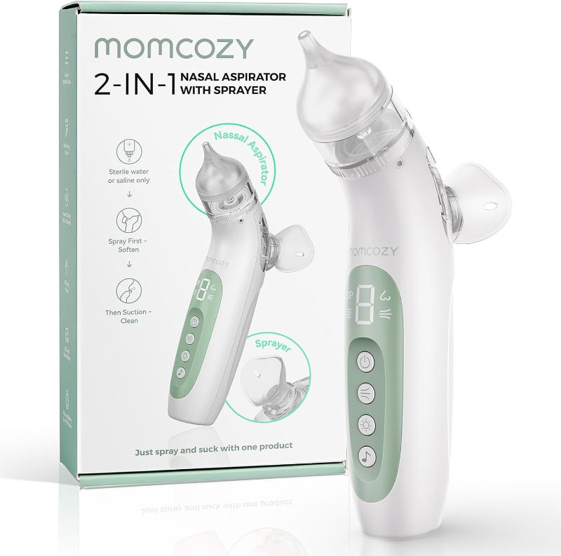 Photo 1 of Momcozy Nasal Aspirator for Baby, Innovative 2-in-1 Electric Nose Suction with Spray, 65kPa Nose Sucker with 4 Adjustable Suction Levels,Portable Electric Nose Cleaner,Light & Music Soothing Functions