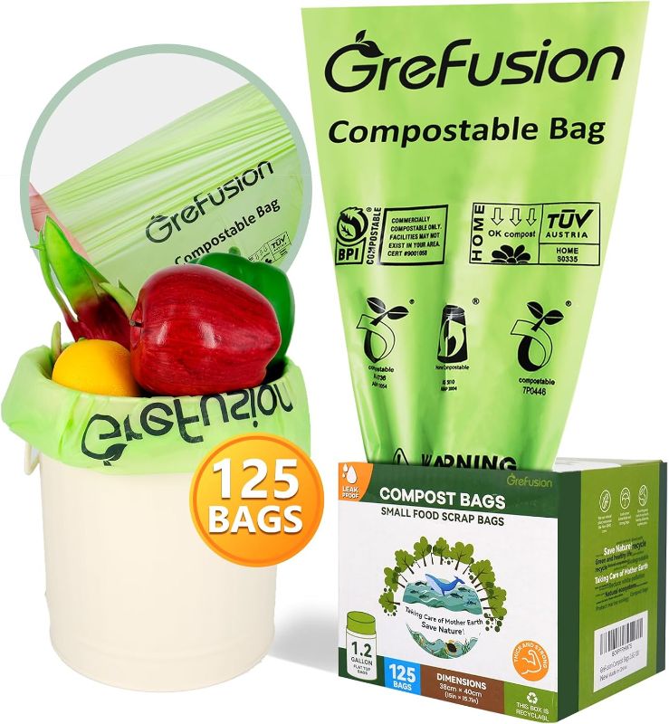 Photo 1 of Compostable Bags for Kitchen Compost Bin, 1.2 Gallon, 125 Count, Certified by BPI and ASTM, Leakproof and Odor Control