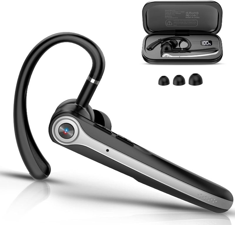 Photo 1 of Bluetooth Headset, Wireless Bluetooth Earpiece with ENC Noise Canceling Mic, 120Hrs Talk Single-Ear Headphones, LED Display, IPX7 Waterproof Hand-Free Earphone for Business/Trucker/Driver, Black