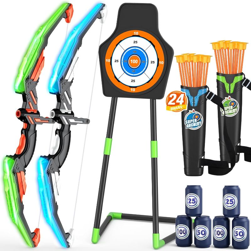 Photo 1 of Bow and Arrow for Kids, LED Light Up Archery Set with 24 Suction Cup Arrows, 1 Standing Target, 6 Score Targets & 2 Quiver, Indoor Outdoor Sport Gifts for Boys Girls Ages 4-8