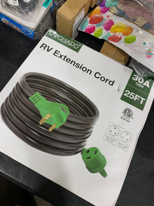 Photo 1 of RVGUARD 30 Amp 25 Foot RV Extension Cord, Heavy Duty 10/3 Gauge STW Cord with LED Power Indicator and Cord Organizer, TT-30P/R Standard Plug, Green, ETL Listed