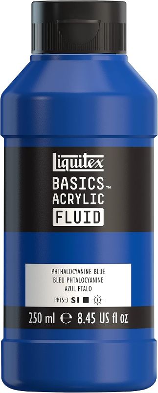 Photo 1 of Liquitex BASICS Acrylic Fluid Paint, 250ml (8.5-oz) Bottle, Phthalocyanine Blue