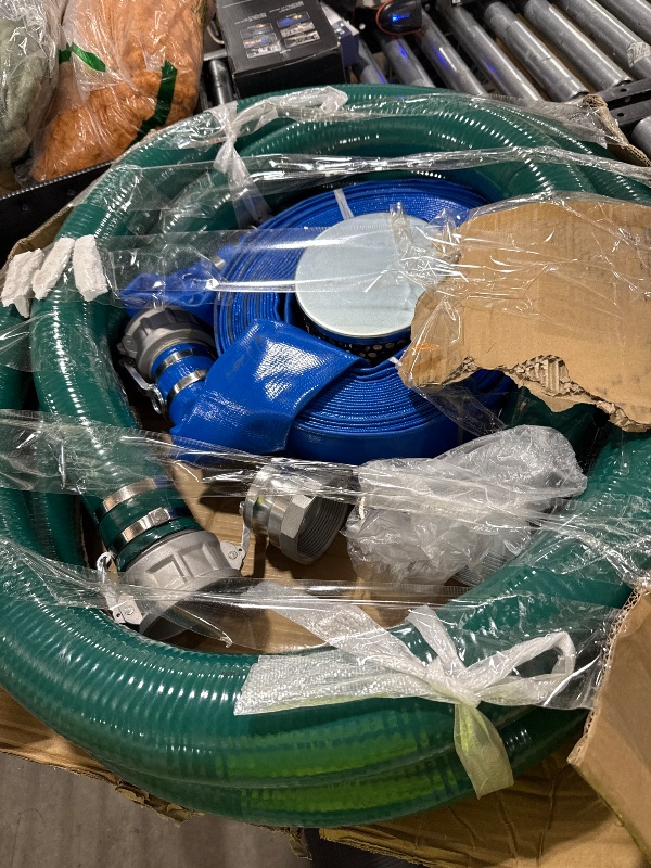 Photo 1 of Discharge Hose Pump Kit Includes 3" x 65' Blue PVC Lay-Flat Backwash Hose & 3" x 20' Green PVC Suction Hose & Steel Round Hole Suction Strainer & Cam and Groove Adapter, for water/trash pump