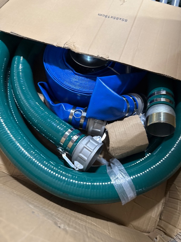 Photo 1 of Discharge Hose Pump Kit Includes 3" x 65' Blue PVC Lay-Flat Backwash Hose & 3" x 20' Green PVC Suction Hose & Steel Round Hole Suction Strainer & Cam and Groove Adapter, for water/trash pump