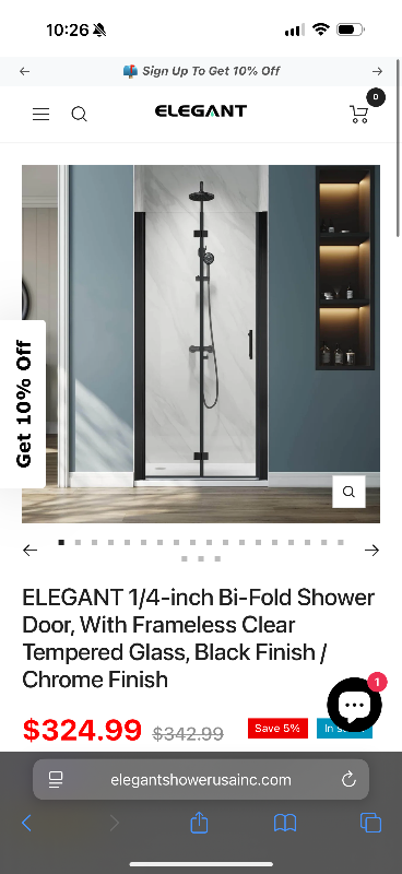 Photo 1 of ELEGANT 1/4-inch Bi-Fold Shower Door, With Frameless Clear Tempered Glass, Black Finish / Chrome Finish