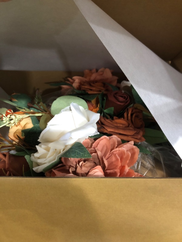 Photo 1 of Ling's Moment Terracotta Artificial Flowers with Vase Wedding Table Decor Bouquet Centerpiece Flower Potted for Ceremony Reception Desk Flowers Mantel Archway Aisle, Orange Fake Flowers Set of 2