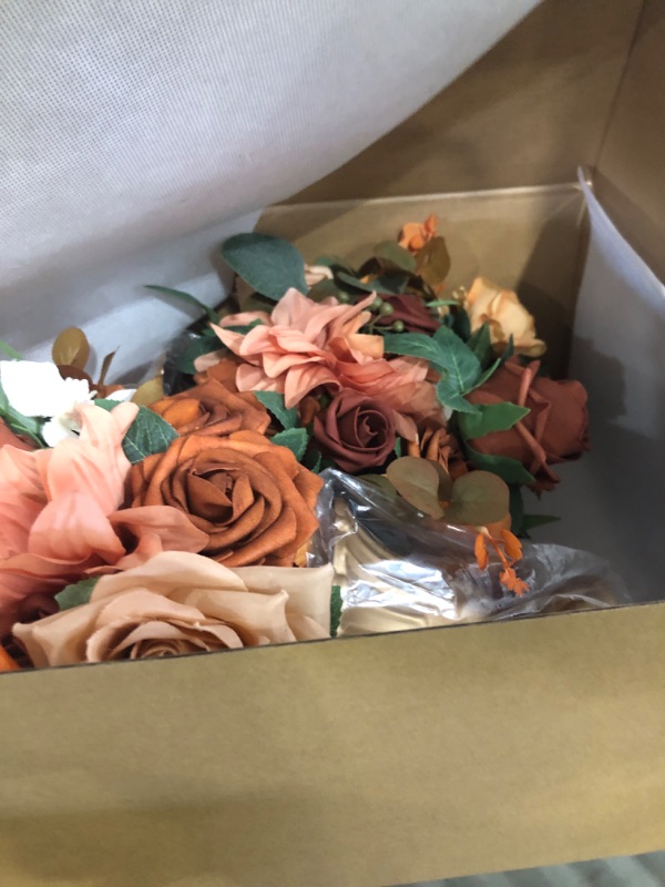 Photo 1 of Ling's Moment Terracotta Artificial Flowers with Vase Wedding Table Decor Bouquet Centerpiece Flower Potted for Ceremony Reception Desk Flowers Mantel Archway Aisle, Orange Fake Flowers Set of 2
