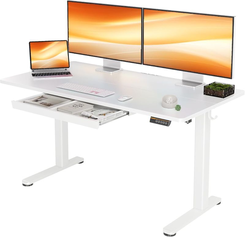 Photo 1 of YDN Standing Desk with Drawers, 55 x 24 Inch White Standing Desks Electric Adjustable Height Desk for Computer Workstations, White