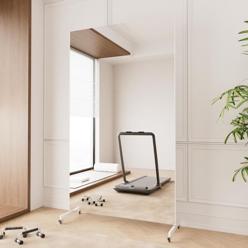 Photo 1 of brisafe Home Gym Mirror 360° Swivel on Wheels, 67" X 40" Extra Large Full Body Rolling for Yoga, Nano Film Super Lightweight Unbreakable Full Length Mirror, White, 9.5 lbs