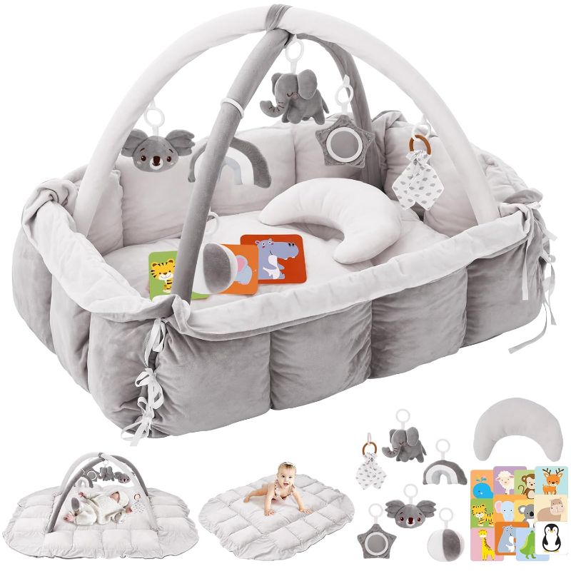 Photo 1 of 5-in-1 Plush Baby Play Gym, Baby Play Mats, Convertible Baby Gym with Pillow, Tummy time mat, Baby&Ped Bed, 6 Sensory Toys, Baby Activity Center from Newborn to Toddler, Cat&Dog Bed, Ball Pit, Grey