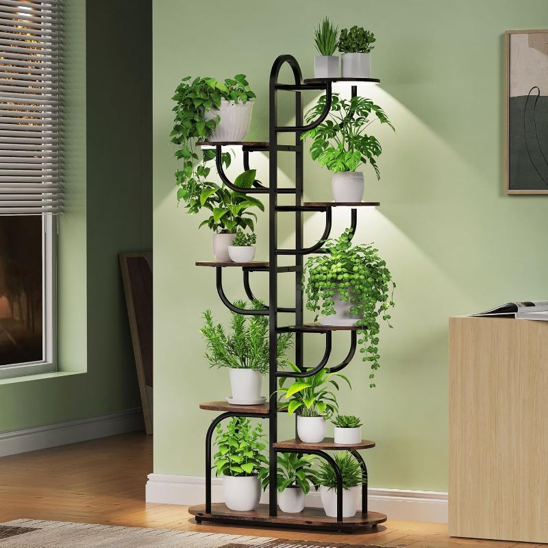 Photo 1 of Plant Stand Indoor with Grow Lights, 8-Tiered Tall Indoor Plant Stands, Corner Plant Shelf with Grow Light, Black Arched Freestanding Bookcase for Living Room, Study, Entrance, Balcony