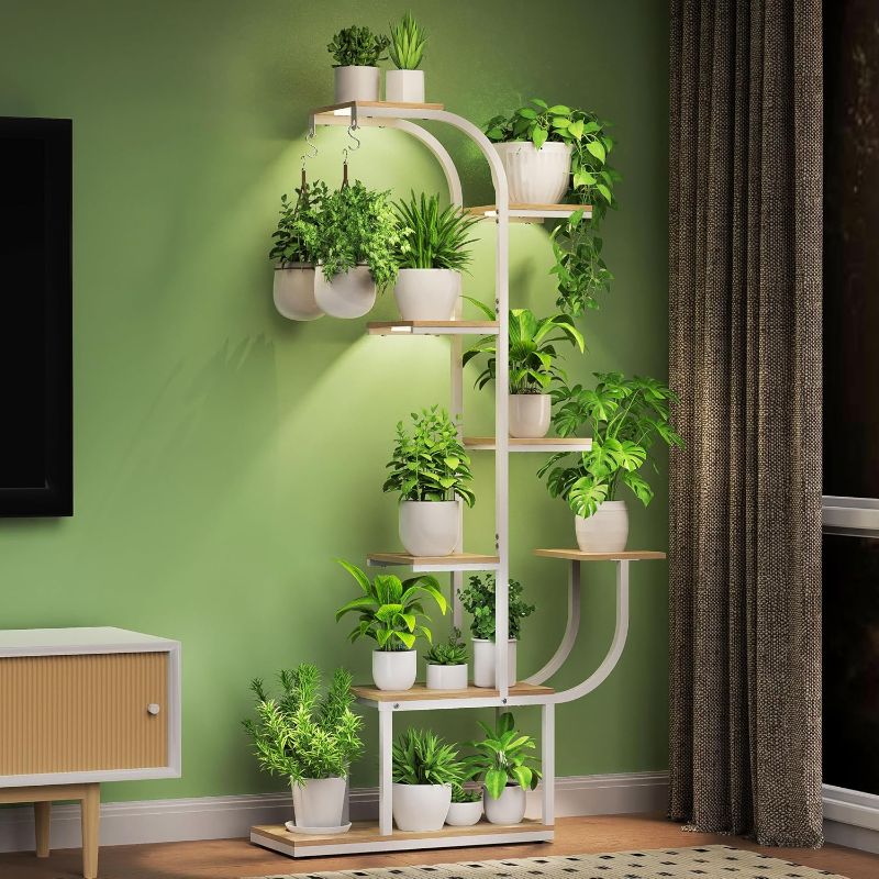Photo 1 of Plant Stand with Grow Lights, 7 Tier White Plant Shelf Indoor with Hooks, Large Plant Shelves with Grow Lights, Curve Shaped Lighted Plant Stand for Multiple Plants, Home Decor Display Rack