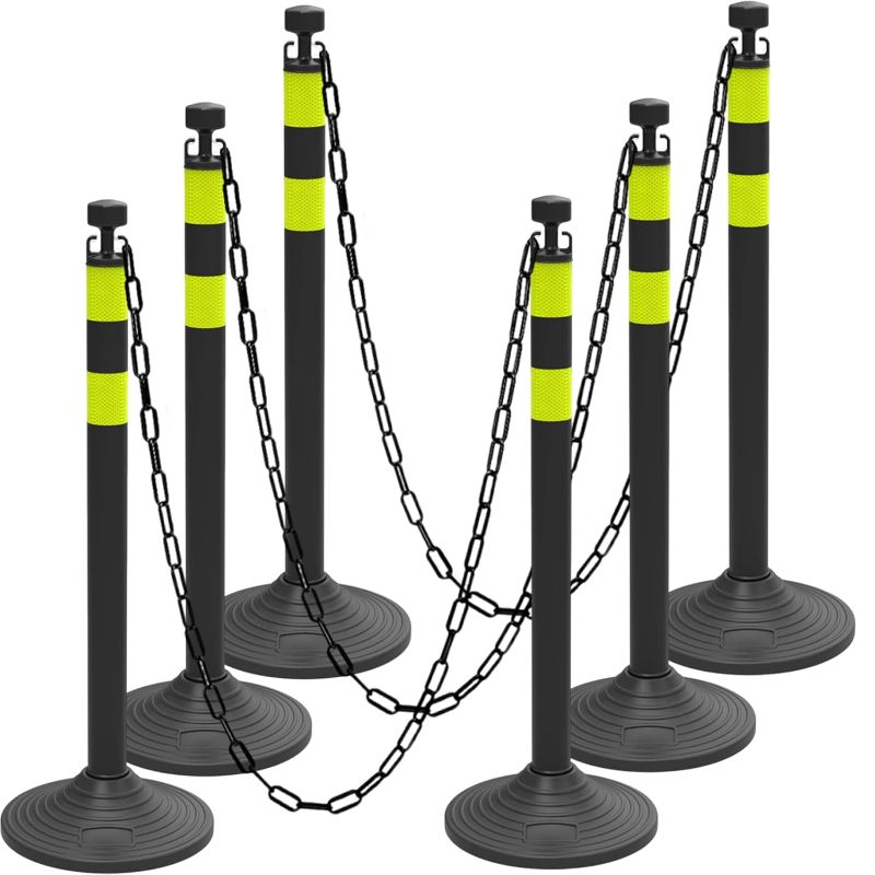 Photo 1 of 6 Pack Crowd Control Stanchions, Plastic Stanchions Poles with Plastic Chain Crowd Control Barriers with Fillable Base Traffic Delineator Posts for Parking Lot (Black-Heavy Rubber Base)