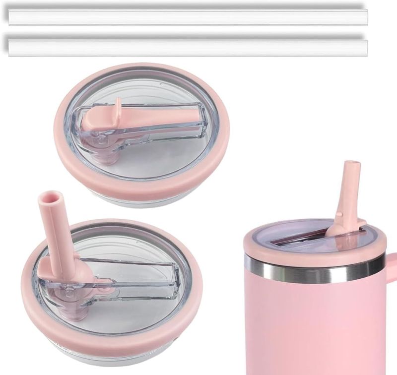 Photo 1 of 2 Pack 40 oz Tumbler Flip Straw Lid Replacement Compatible for Stanley Quencher, Leak-Proof Splash Resistant Tumbler Lids,Reusable Tumbler Cover for Stanley Cup (Light Pink)