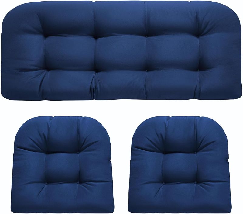 Photo 1 of Wicker Chair Cushions, Waterproof Outdoor Loveseat Cushions for Patio Furniture, 3 Pieces Wicker Furniture Cushions, 1 Loveseat and 2 U-Shaped Cushions, Blue