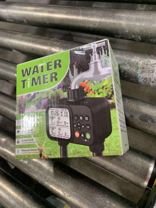 Photo 1 of TJJFMM Sprinkler Timer for Outdoor Garden Hose, 2 Outlet 8 Programmable Water Timer with Rain Delay & Manual/Automatic Modes, Weatherproof Irrigation System for Yard Lawn, Large LCD Display