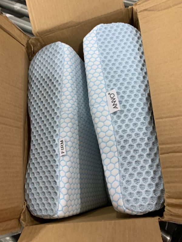 Photo 1 of Anvo Memory Foam Pillow, Neck Contour Cervical Orthopedic Bed Pillow for Sleeping Side Back Stomach Sleeper, Ergonomic Design for Neck and Shoulder Pain Relief, Blue White, Firm