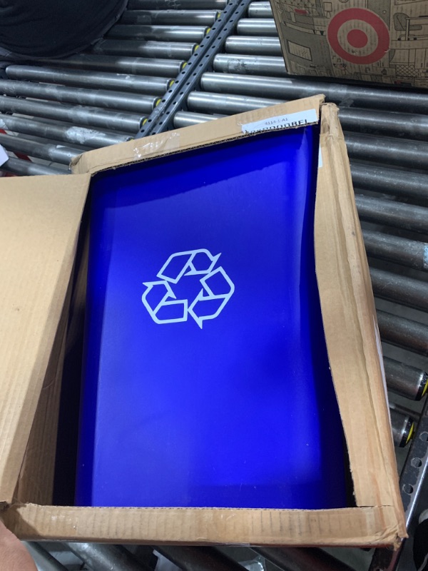 Photo 1 of Amazon Basics Trash Can, Rectangular Commercial Office Wastebasket, Recycle Logo, 10 Gallon (Pack of 1), Blue (Previously AmazonCommercial Brand)