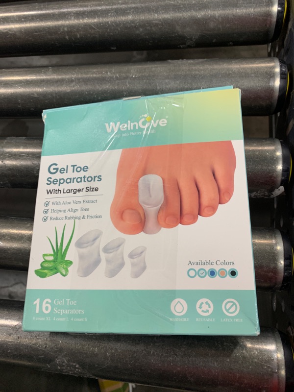 Photo 1 of Welnove Upgraded Gel Toe Separators – 16-Pack Aloe Vera Extract Infused Silicone Toe Spacers for Straightening Overlapping Toes, Bunions, Calluses – Bunion Corrector for Men and Women (3 Sizes)