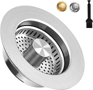 Photo 1 of 3-in-1 Kitchen Sink Drain Strainer Stopper, Stainless Steel Food Catcher Plug with Filter Basket, Fits Standard 3-1/2 Inch Drain Hole, Universal Sink Protector Cover, Anti-Clogging Design, Silver
