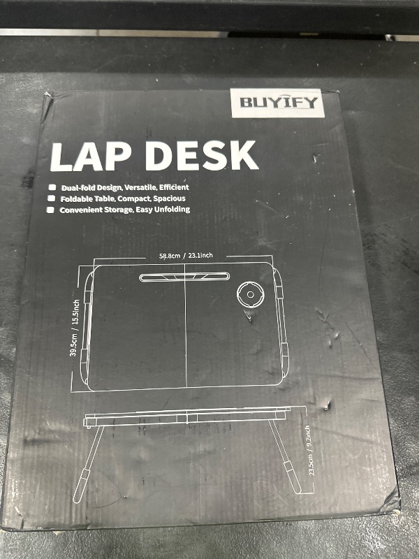Photo 1 of BUYIFY Portable Foldable Laptop Desk for Bed and Couch, Adjustable Lap Desk with Cup Holder and Phone Holder, Ideal for Working, Reading, Writing, and Breakfast (Black)