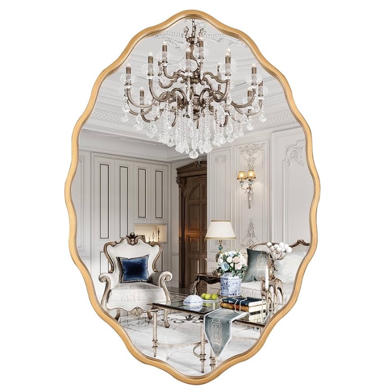 Photo 1 of 24 * 36 Inch Brushed Gold Oval Ripple Bathroom Mirror Wall Mounted Large Modern Countryside Suitable for Washroom, Bedroom, Living Room, Entryway