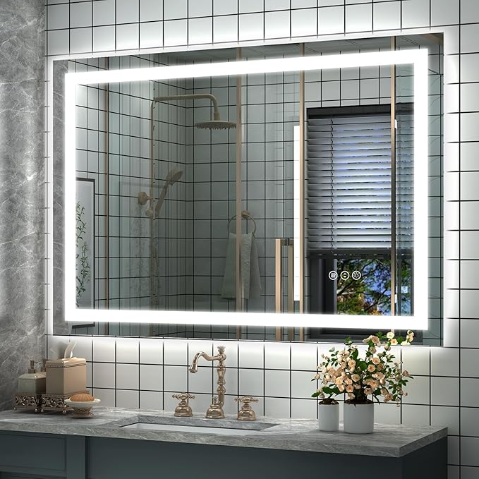 Photo 1 of Lighted Mirror for Bathroom Wall 48x32 inch, Smart Illuminated Vanity Mirror with Lights, Dimmable, Anti-Fog (Front Lights + Backlit)