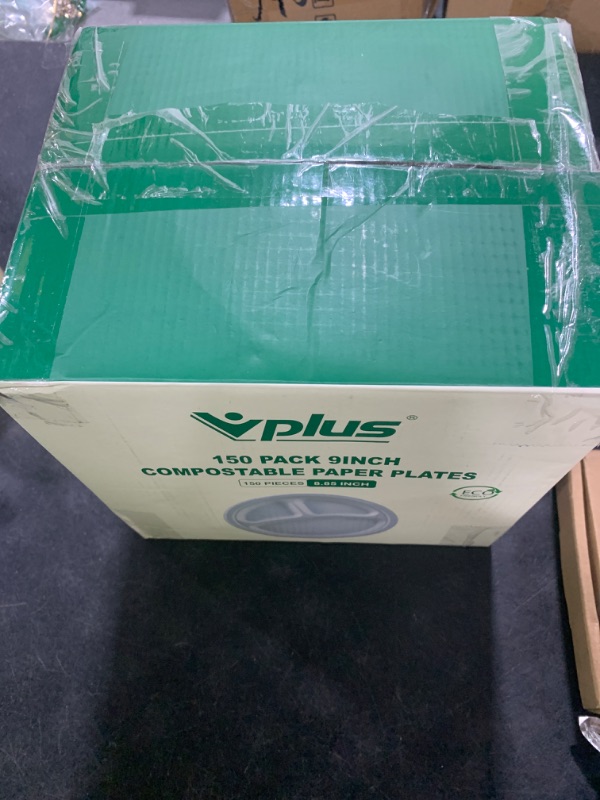 Photo 1 of Vplus 100% Compostable Paper Plates, 150 Pack 9 Inch 3 Compartment Plates Disposable, Heavy Duty Biodegradable Plates Made of Sugar Cane Fibers, for Daily meals, Dinner, Parties, BBQ