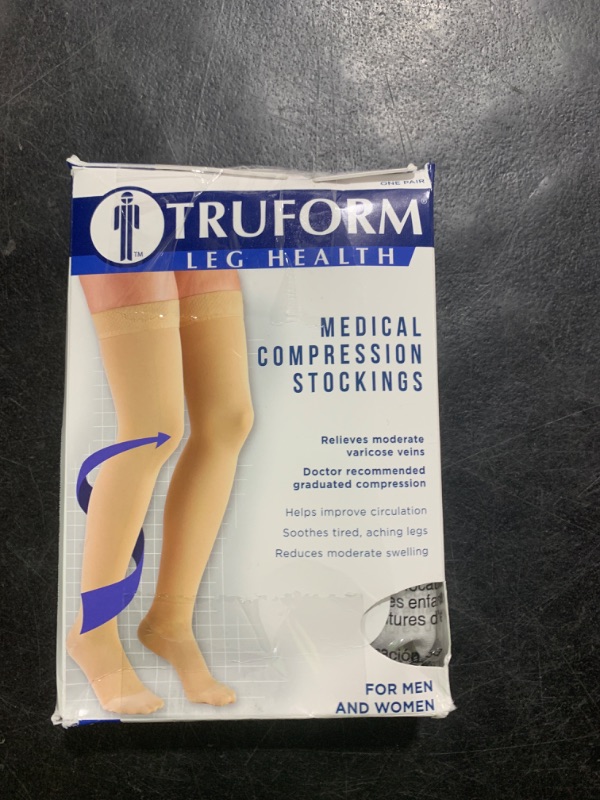 Photo 1 of Truform 20-30 mmHg Compression Stockings for Men and Women, Thigh High Length, Dot Top, Closed Toe, White, Medium