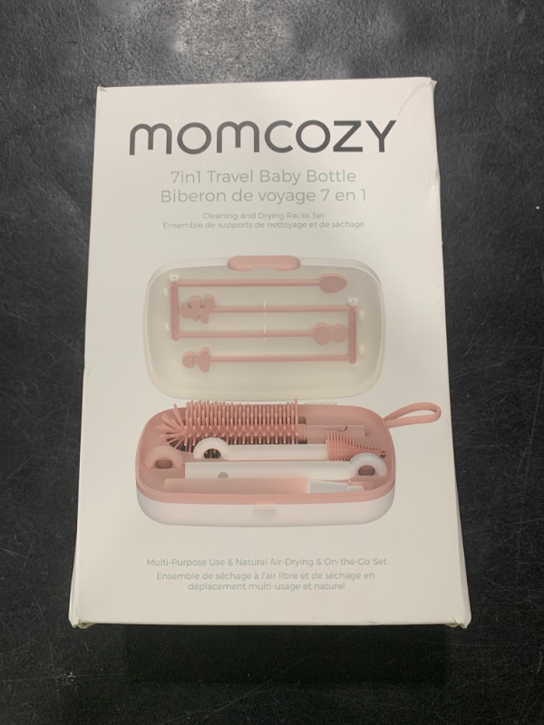 Photo 1 of Momcozy Bottle Brush Set - Baby Bottle Cleaner Kit with Silicone Brush, Nipple Brush, Straw Brush, Soap Dispenser, Drying Rack - 7 in 1 Bottle Cleaning Tool for Home and Travel, Pink