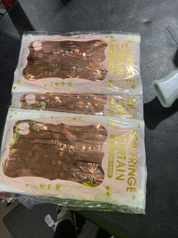 Photo 1 of Voircoloria 3 Pack 3.3x8.2 Feet Rose Gold Foil Fringe Backdrop Curtains, Tinsel Streamers Birthday Party Decorations, Fringe Backdrop for Graduation, Baby Shower, Gender Reveal, Disco Party