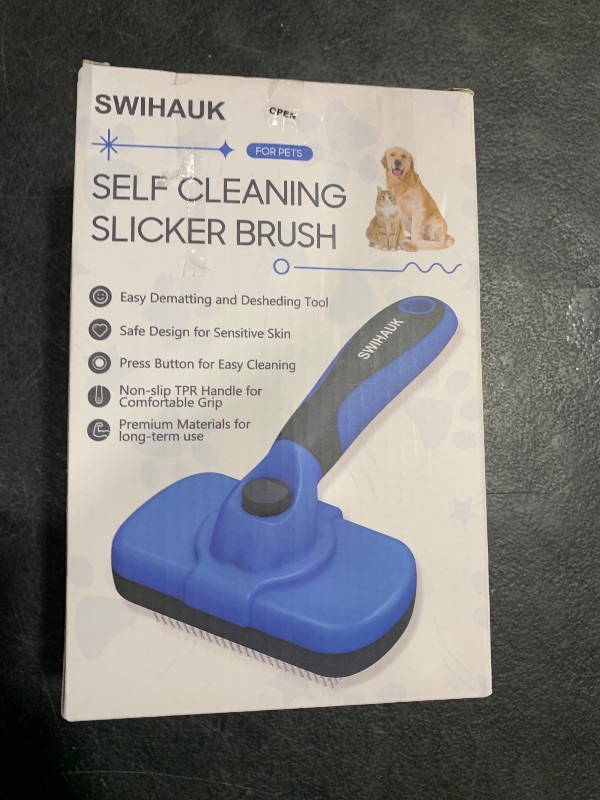 Photo 1 of Swihauk Self Cleaning Slicker Brush - Skin Friendly Deshedding Grooming Tool for Dogs & Cats, Suitable for Shedding & Haired Pets, with Pet Supplies Accessories, Blue
