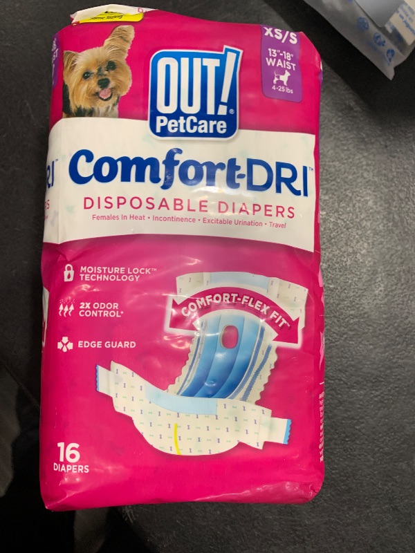 Photo 1 of OUT! Petcare Disposable Dog Diapers for Female Dogs, Dog Heat Diapers, Female Dog Period Pads, Female Doggy Diaper for Peeing, Pet Diapers for Small Pets,13”-18” Waist, XS/Small, 16 Count