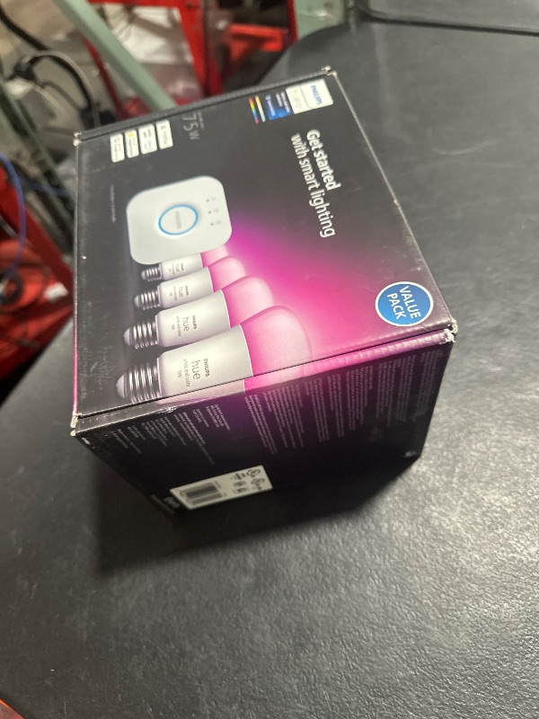 Photo 1 of Philips Hue Smart Light Starter Kit - Includes (1) Bridge and (4) 75W A19 E26 LED Smart White and Color Ambiance Bulbs - Control with App - Compatible with Alexa, Google Assistant, and Apple HomeKit