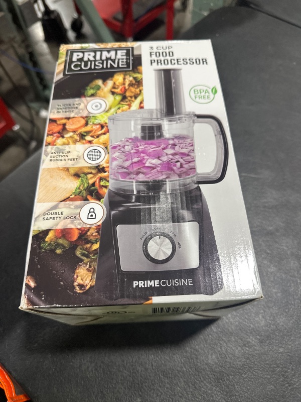 Photo 1 of Prime Cuisine Electric Vegetable Chopper & Food Processor, 3 Cup Capacity, For Mincing, Emulsify and Puree with Extra Slicer and Shredder Blade Disc, Black