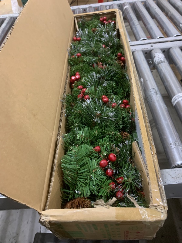 Photo 1 of National Tree Company Pre-Lit Artificial Christmas Garland, Green, Crestwood Spruce, White Lights, Decorated with Glitter, Pinecones, Berry Clusters, Battery Operated, Christmas Collection, 9 Feet