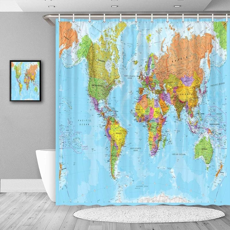 Photo 1 of JAWO World Map Shower Curtain for Bathroom, Educational Geography Countries Map of The World Bathroom Curtain, Kids Bathroom Shower Curtains Fabric Bath Curtains Kids Bathroom Decor with Hooks 72X72
