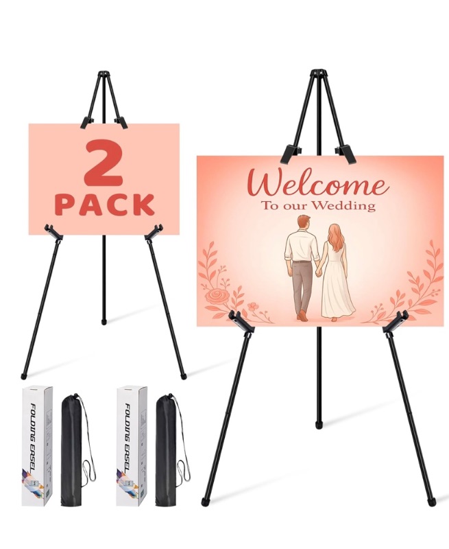Photo 1 of 2Pack Black Easel Stand for Sign & Poster - 63" Adjustable Metal Display Easels for Wedding Welcome Signs, Painting, Canvas, Art & Picture - Portable Folding Tripod with Carry Bag, Holds 5 Lbs