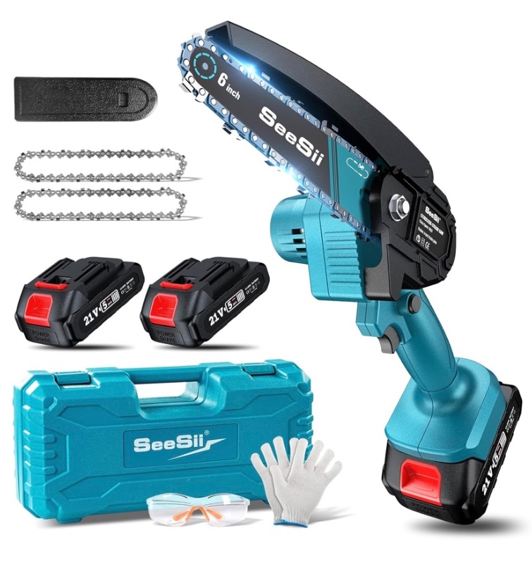 Photo 1 of Seesii Mini Chainsaw Cordless 6-inch, Handheld Electric Power Chain Saw with 2 Batteries, for Tree Trimming Wood Cutting, Best Gifts for Dad, Husband