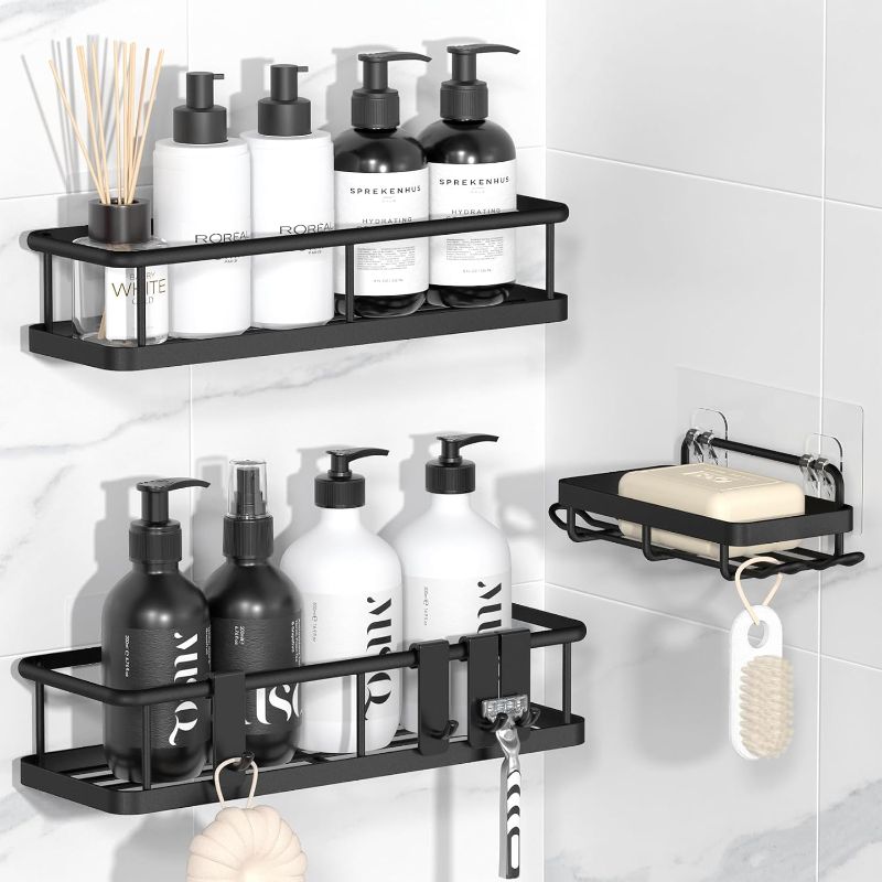 Photo 1 of YASONIC Shower Caddy Adhesive, No Drill Bathroom Shower Organizers, with Removable Hooks and Soap Holder, Rust Proof Shower Shelves, Wall-Mounted Shower Holder, 3 Pack, Black
